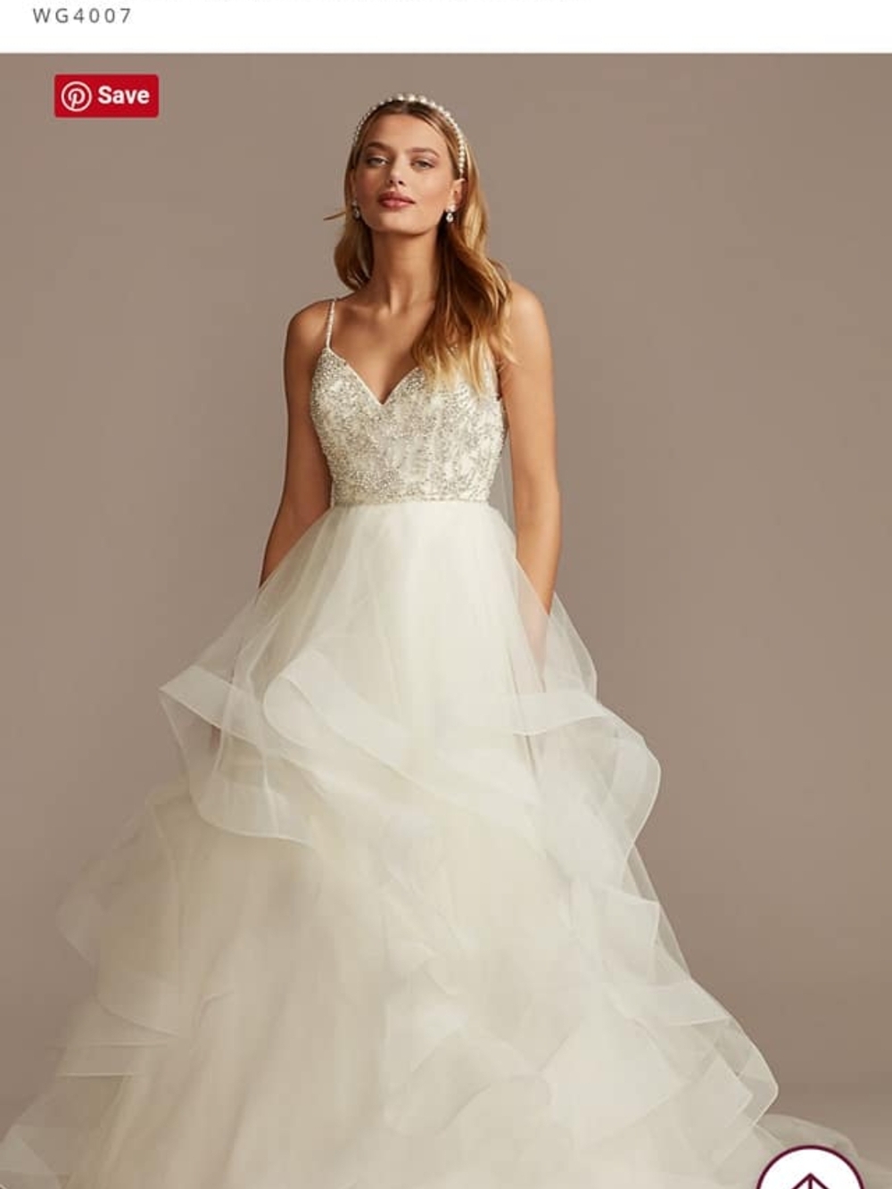 David's Bridal Ivory Beaded V-Neck Ruffle Ball Gown Wedding Dress